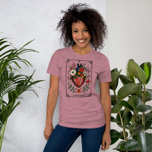 Tarot card illustration numbered X with an anatomical heart in bloom surrounded by wildflowers and vines, Amor Fati, Artificial Perdition apparel
