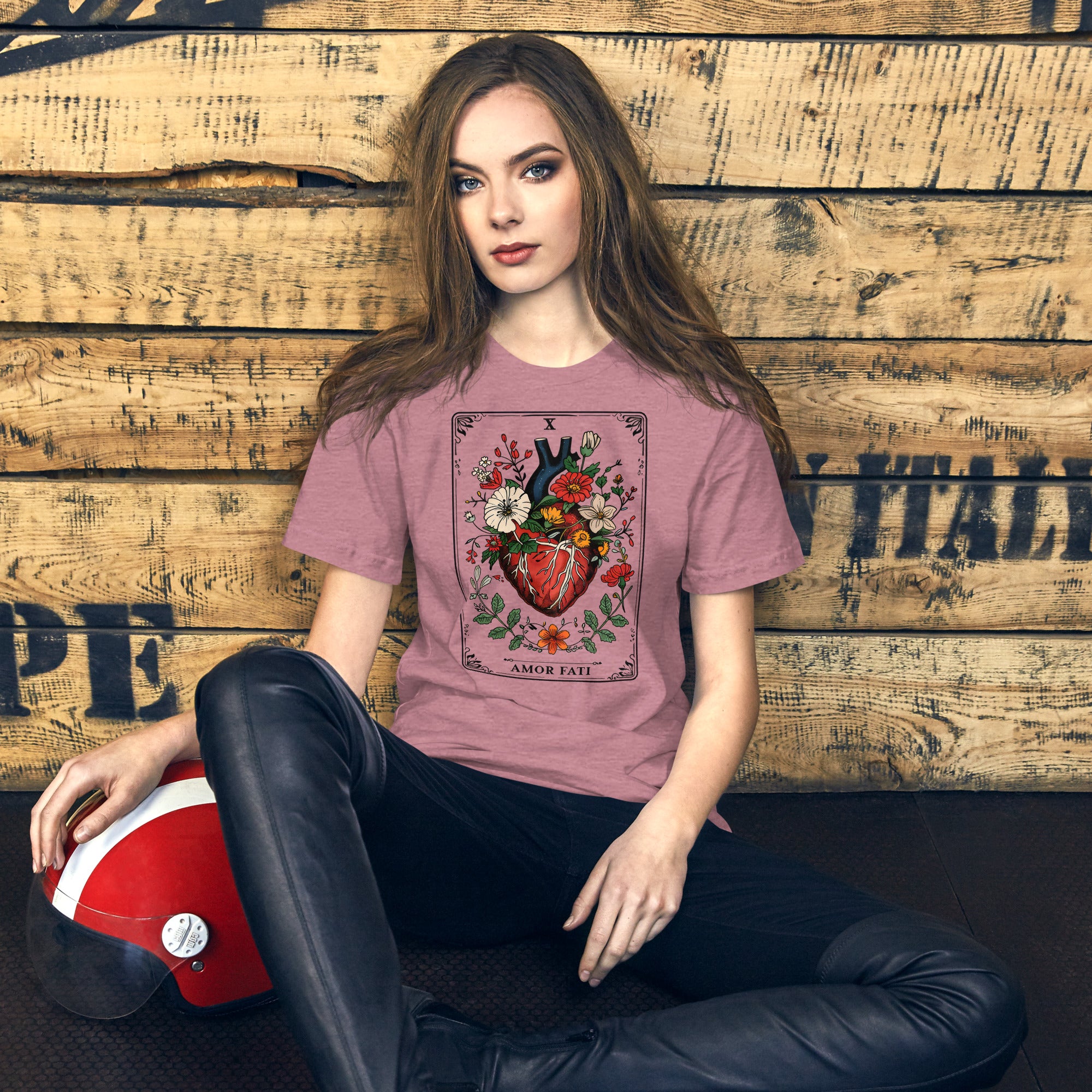Tarot card illustration numbered X with an anatomical heart in bloom surrounded by wildflowers and vines, Amor Fati, Artificial Perdition apparel