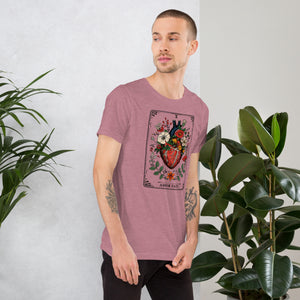 Tarot card illustration numbered X with an anatomical heart in bloom surrounded by wildflowers and vines, Amor Fati, Artificial Perdition apparel