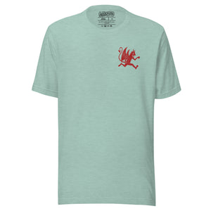 Artificial Perdition devil mascot, red illustrated devil mid-stride with trident and brand name, hand-drawn style on black, official logo tee