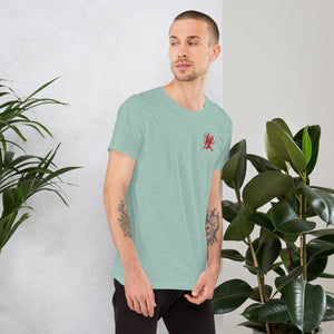 Artificial Perdition devil mascot, red illustrated devil mid-stride with trident and brand name, hand-drawn style on black, official logo tee