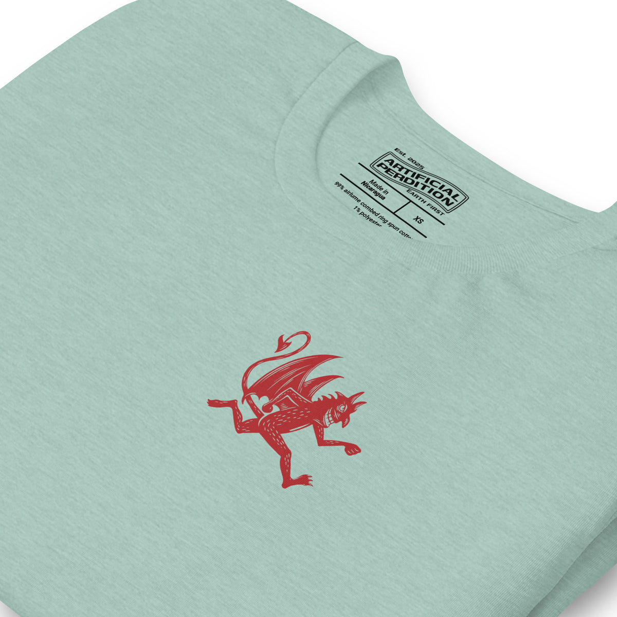 Artificial Perdition devil mascot, red illustrated devil mid-stride with trident and brand name, hand-drawn style on black, official logo tee