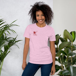 Artificial Perdition devil mascot, red illustrated devil mid-stride with trident and brand name, hand-drawn style on black, official logo tee