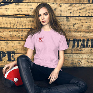 Artificial Perdition devil mascot, red illustrated devil mid-stride with trident and brand name, hand-drawn style on black, official logo tee