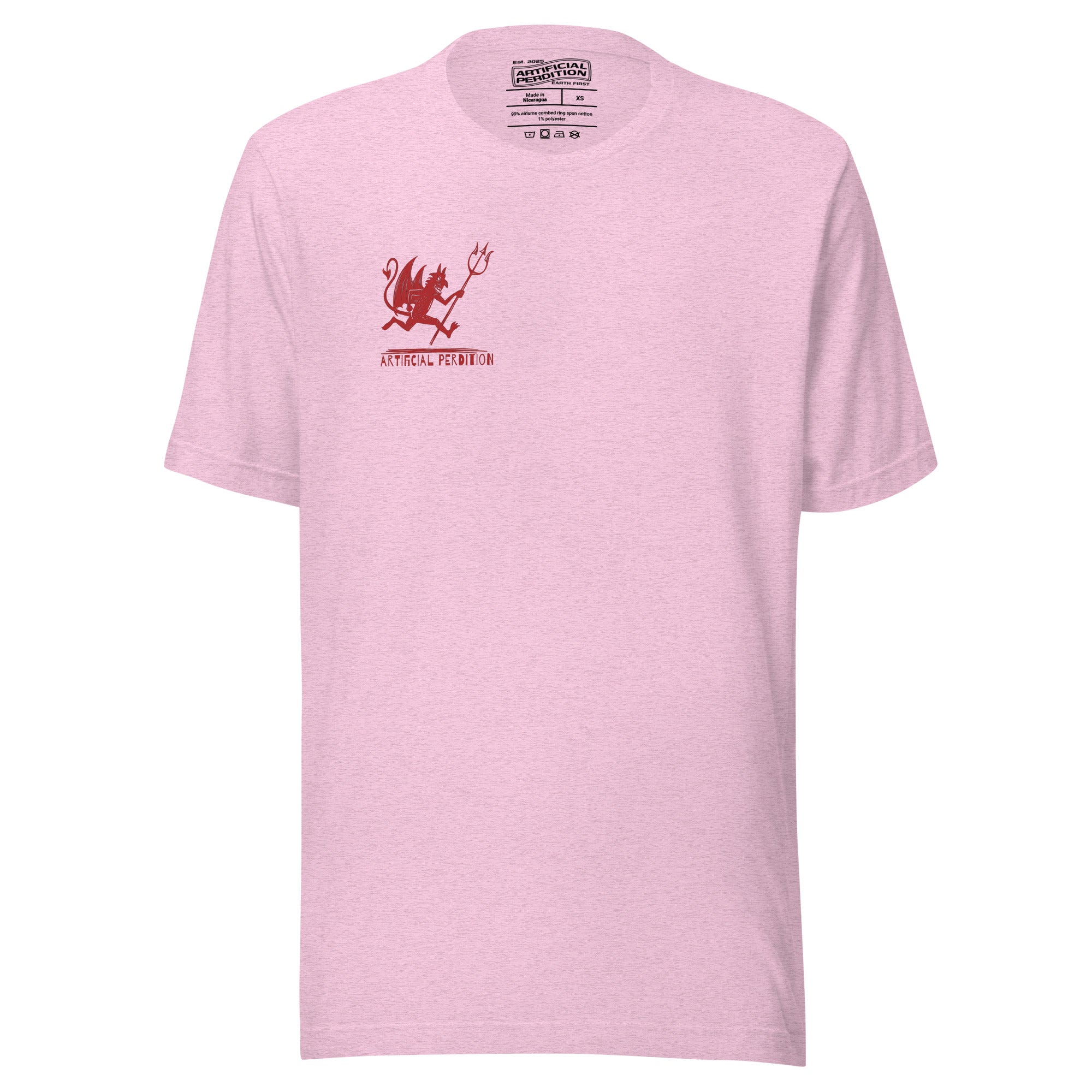 Artificial Perdition devil mascot, red illustrated devil mid-stride with trident and brand name, hand-drawn style on black, official logo tee