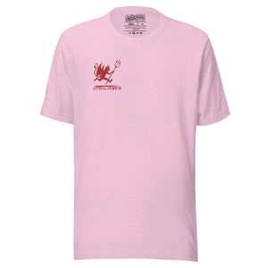 Artificial Perdition devil mascot, red illustrated devil mid-stride with trident and brand name, hand-drawn style on black, official logo tee