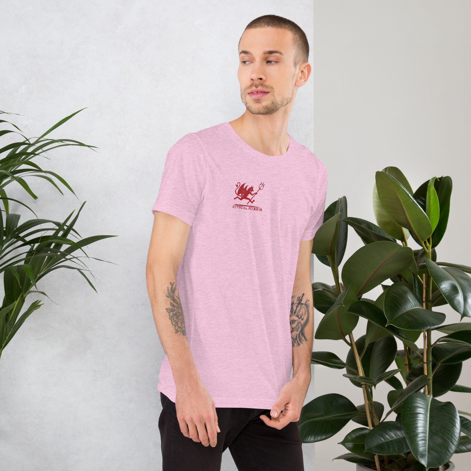 Artificial Perdition devil mascot, red illustrated devil mid-stride with trident and brand name, hand-drawn style on black, official logo tee