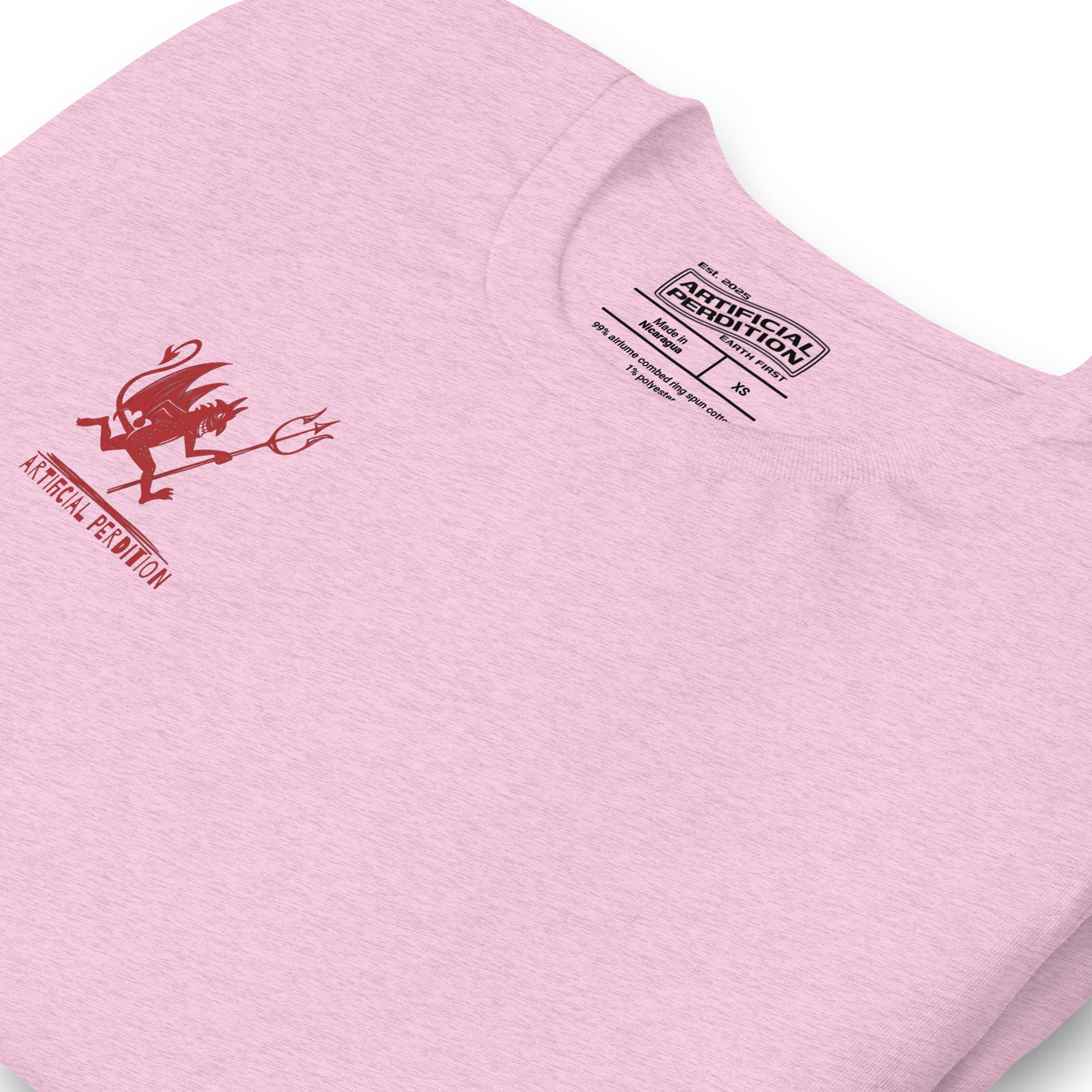 Artificial Perdition devil mascot, red illustrated devil mid-stride with trident and brand name, hand-drawn style on black, official logo tee