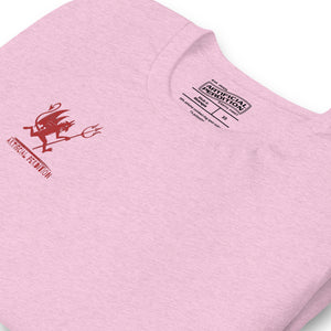 Artificial Perdition devil mascot, red illustrated devil mid-stride with trident and brand name, hand-drawn style on black, official logo tee