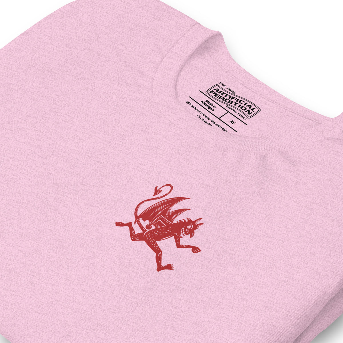 Artificial Perdition devil mascot, red illustrated devil mid-stride with trident and brand name, hand-drawn style on black, official logo tee