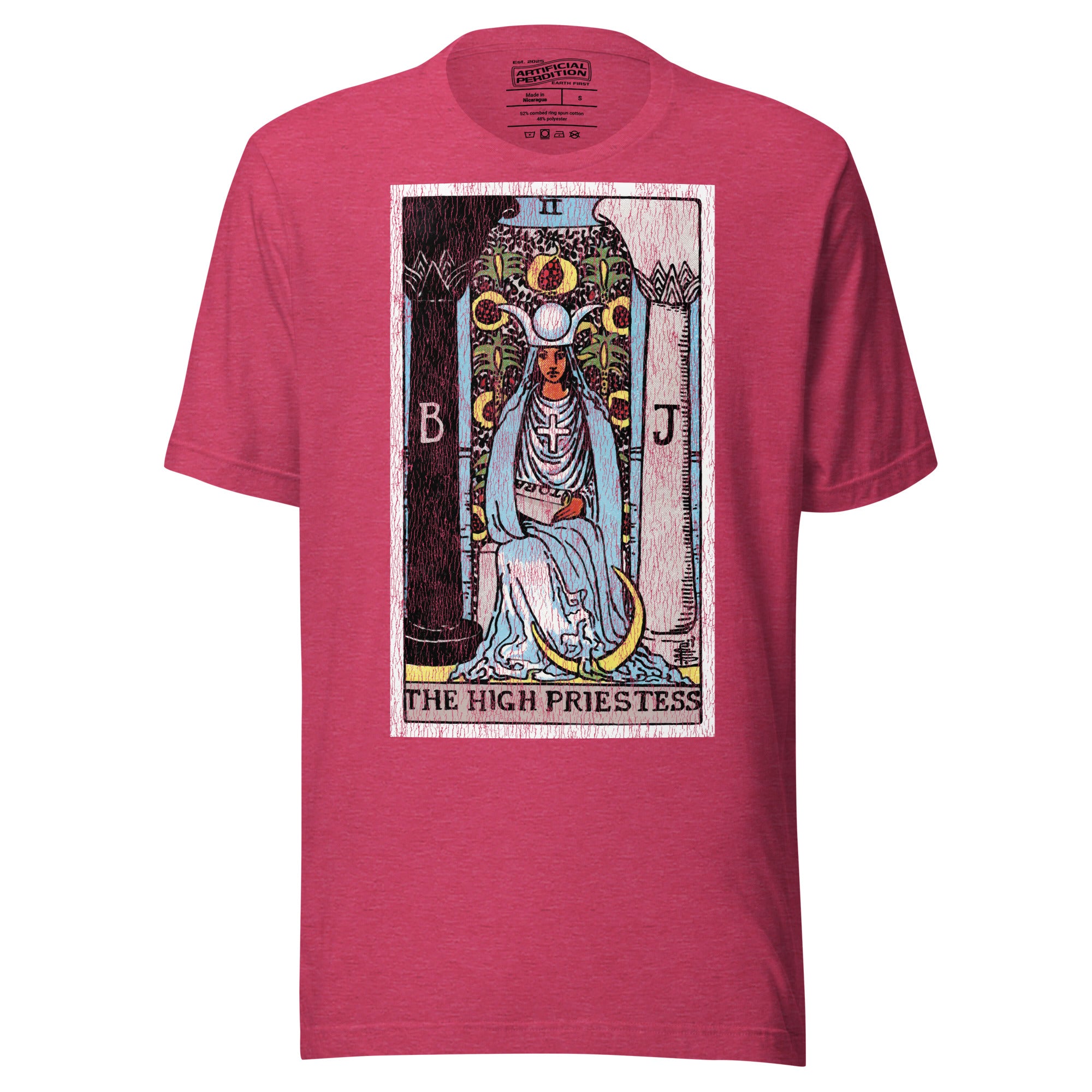 The High Priestess tarot card, robed figure seated between two pillars with scroll and crescent moon, Rider-Waite style, Artificial Perdition