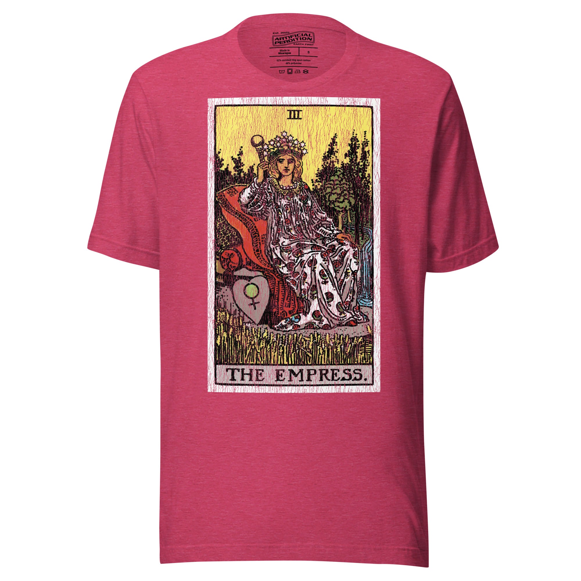 The Empress tarot card, crowned figure enthroned with Venus shield and scepter, wheat field and forest behind her, Rider-Waite style, Artificial Perdition