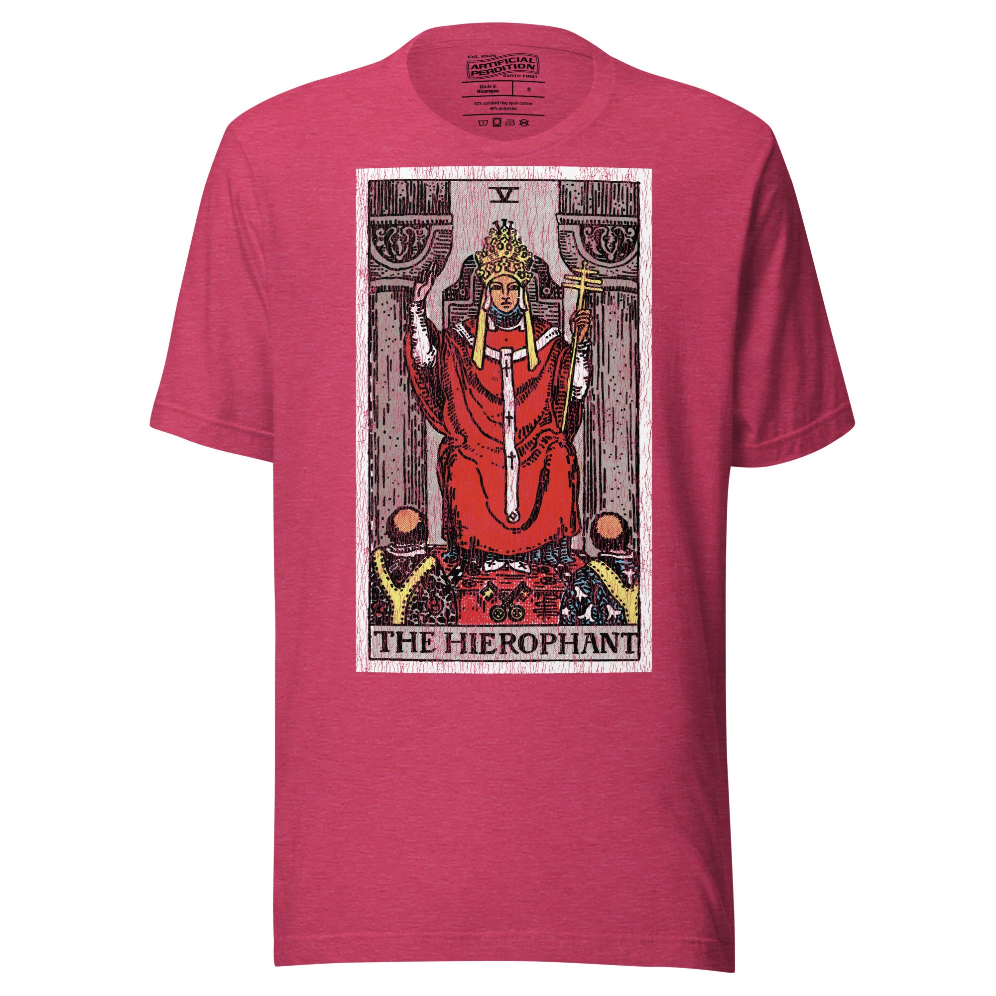 The Hierophant tarot card, triple-crowned figure seated between pillars with crossed keys and kneeling acolytes, Rider-Waite style, Artificial Perdition