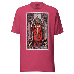 The Hierophant tarot card, triple-crowned figure seated between pillars with crossed keys and kneeling acolytes, Rider-Waite style, Artificial Perdition