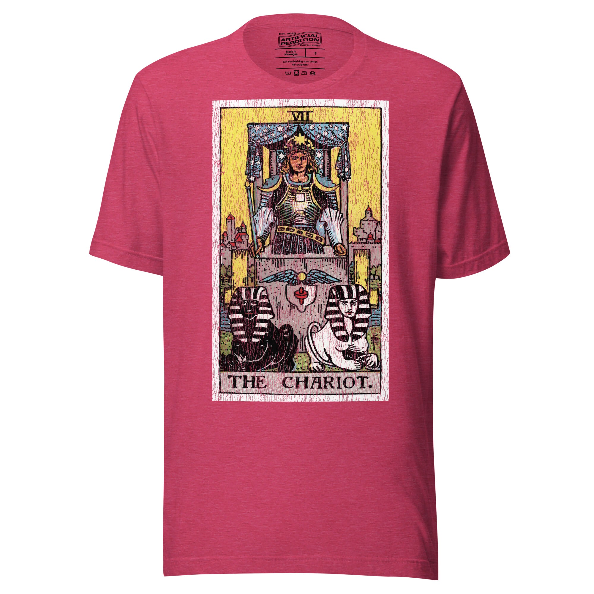 The Chariot tarot card, armored figure with starred crown riding chariot drawn by black and white sphinxes, city walls behind, Rider-Waite style, Artificial Perdition
