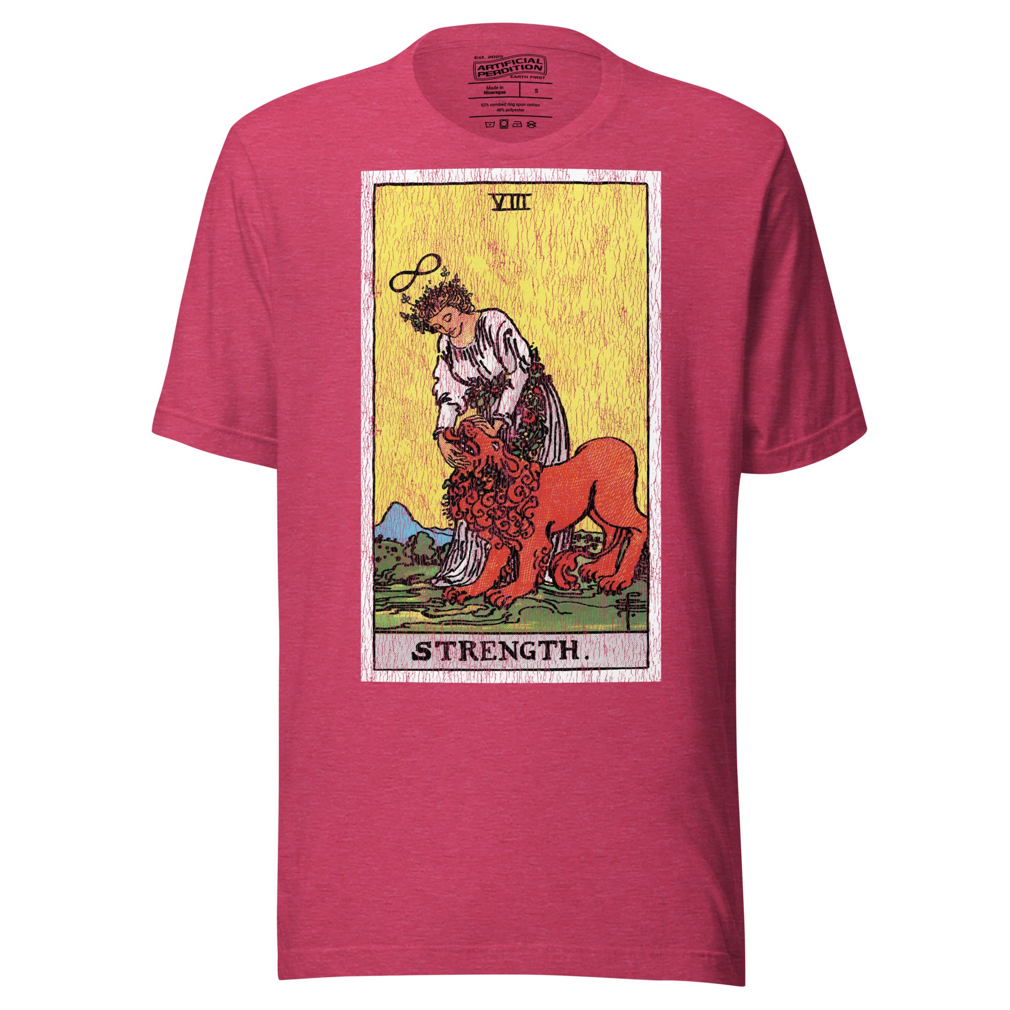 Card eight. The lion is already subdued, led by a chain of flowers. Strength is the quiet kind — fortitude, not force. Rider-Waite tarot apparel.