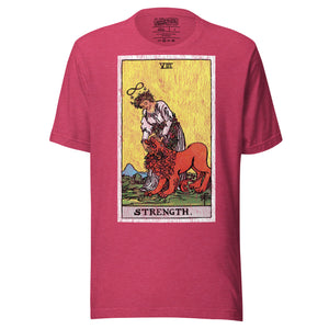 Card eight. The lion is already subdued, led by a chain of flowers. Strength is the quiet kind — fortitude, not force. Rider-Waite tarot apparel.