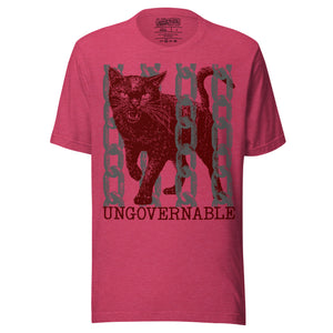 Product mockupSnarling cat breaking through chains with UNGOVERNABLE text, dithered halftone red on cream, Artificial Perdition apparel