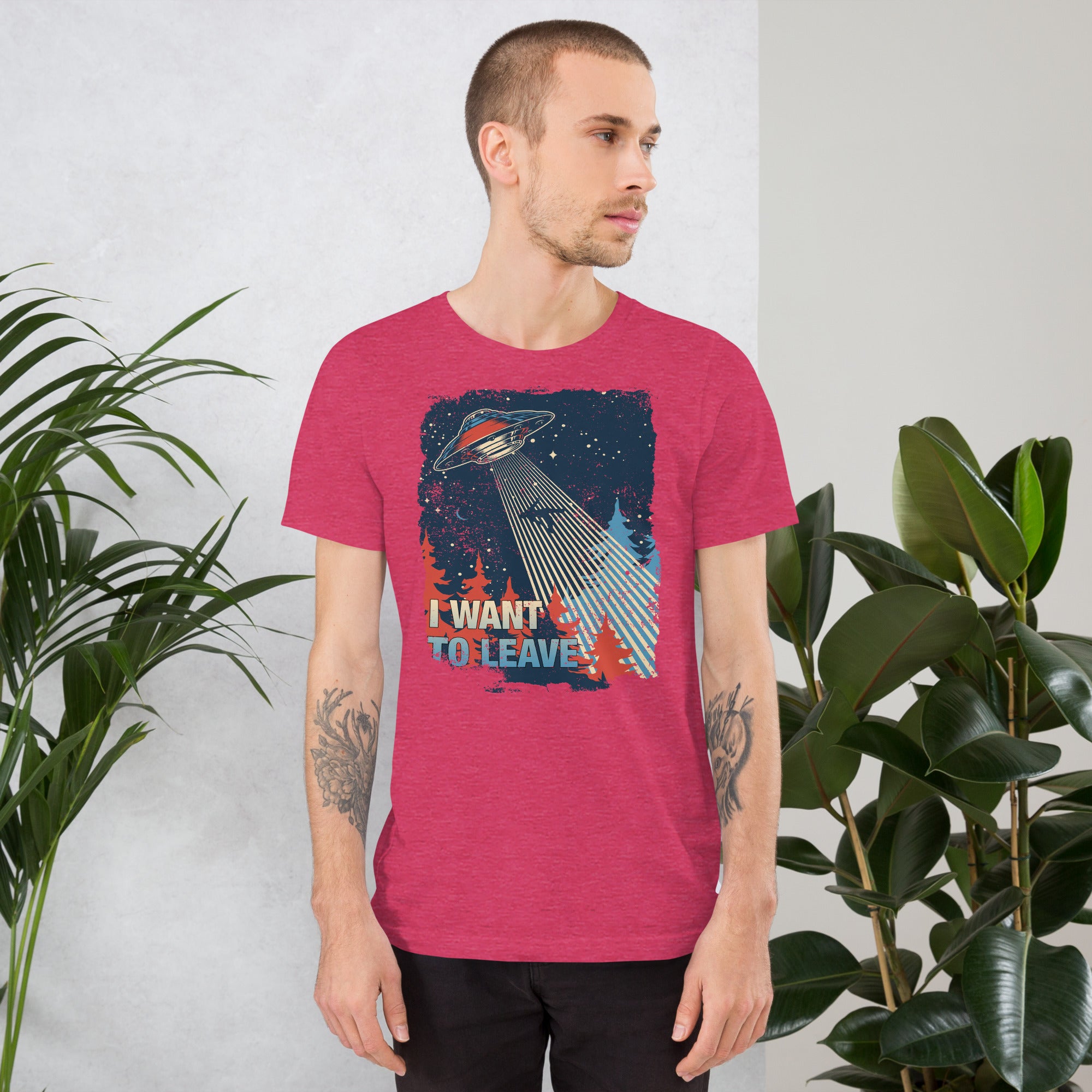 Retro poster style UFO beaming down into a midnight forest with I WANT TO LEAVE text, red and blue palette, Artificial Perdition apparel