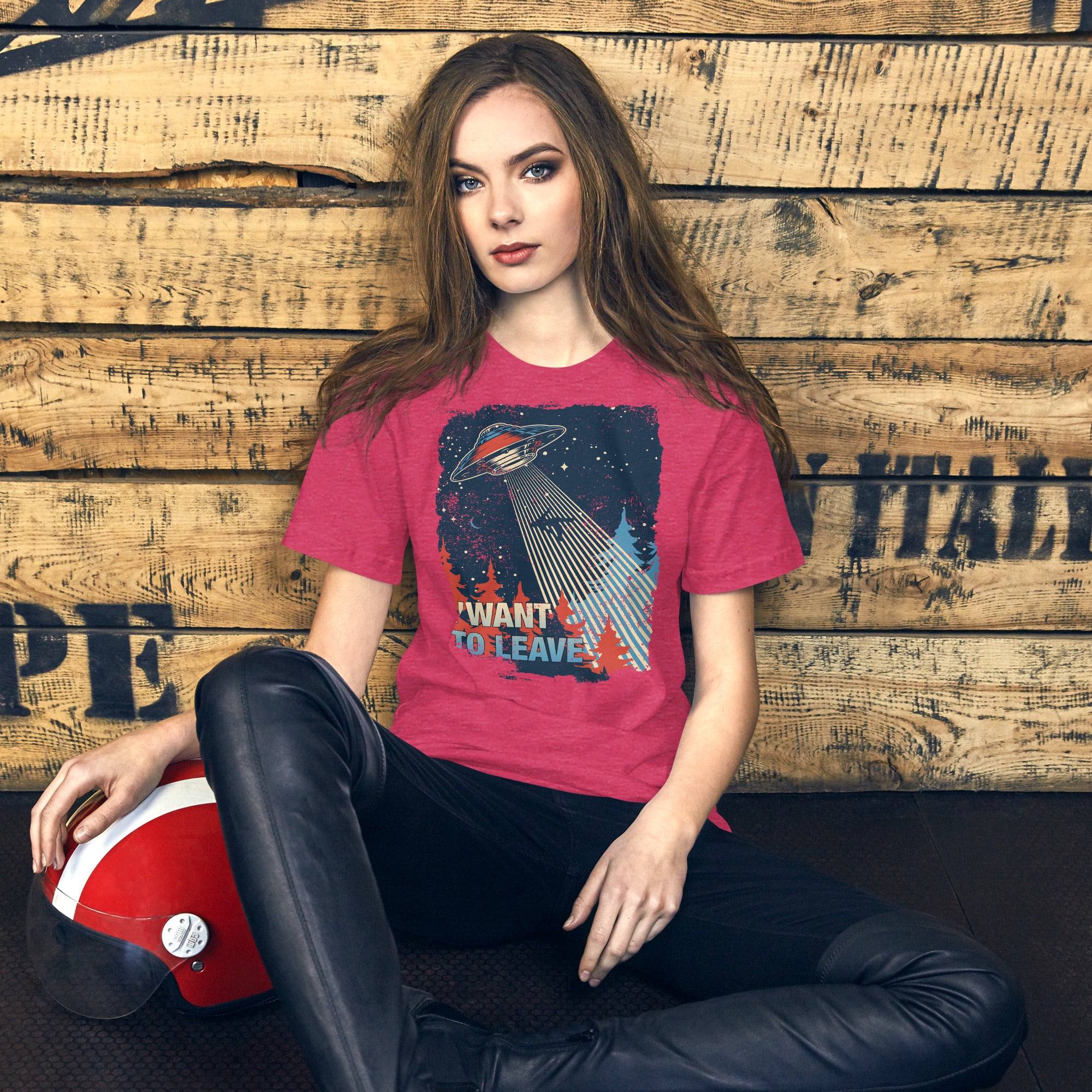 Retro poster style UFO beaming down into a midnight forest with I WANT TO LEAVE text, red and blue palette, Artificial Perdition apparel