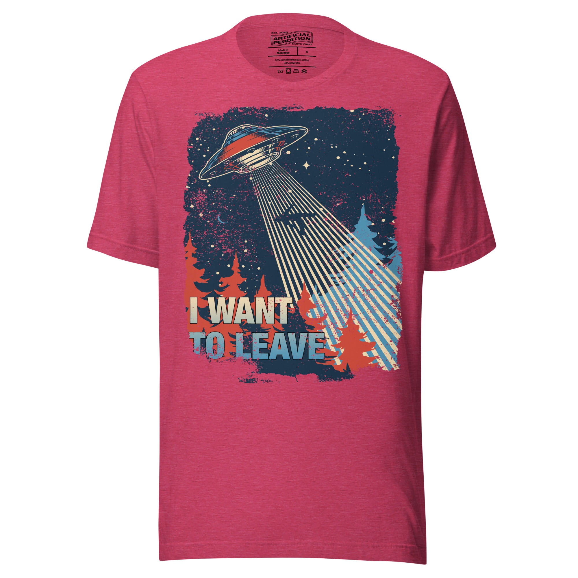 Retro poster style UFO beaming down into a midnight forest with I WANT TO LEAVE text, red and blue palette, Artificial Perdition apparel