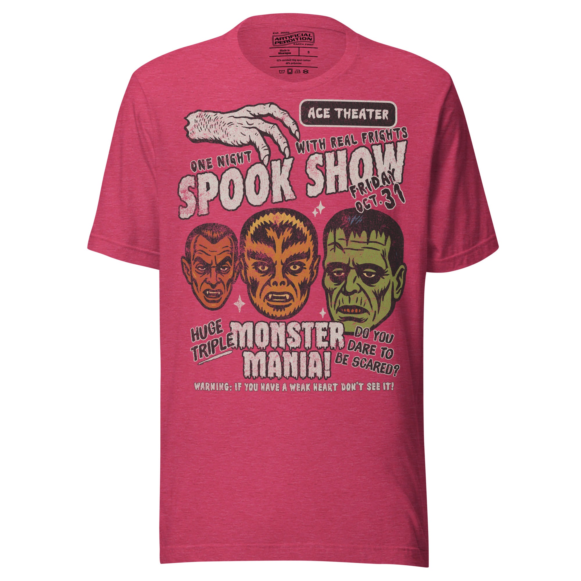 Vintage spook show poster style back print with three classic monster faces and Midnight Spook Show text, retro Halloween design, Artificial Perdition apparel