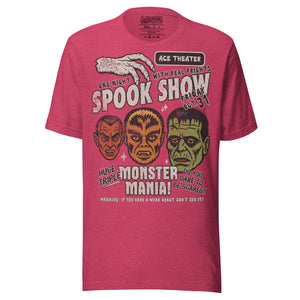 Vintage spook show poster style back print with three classic monster faces and Midnight Spook Show text, retro Halloween design, Artificial Perdition apparel