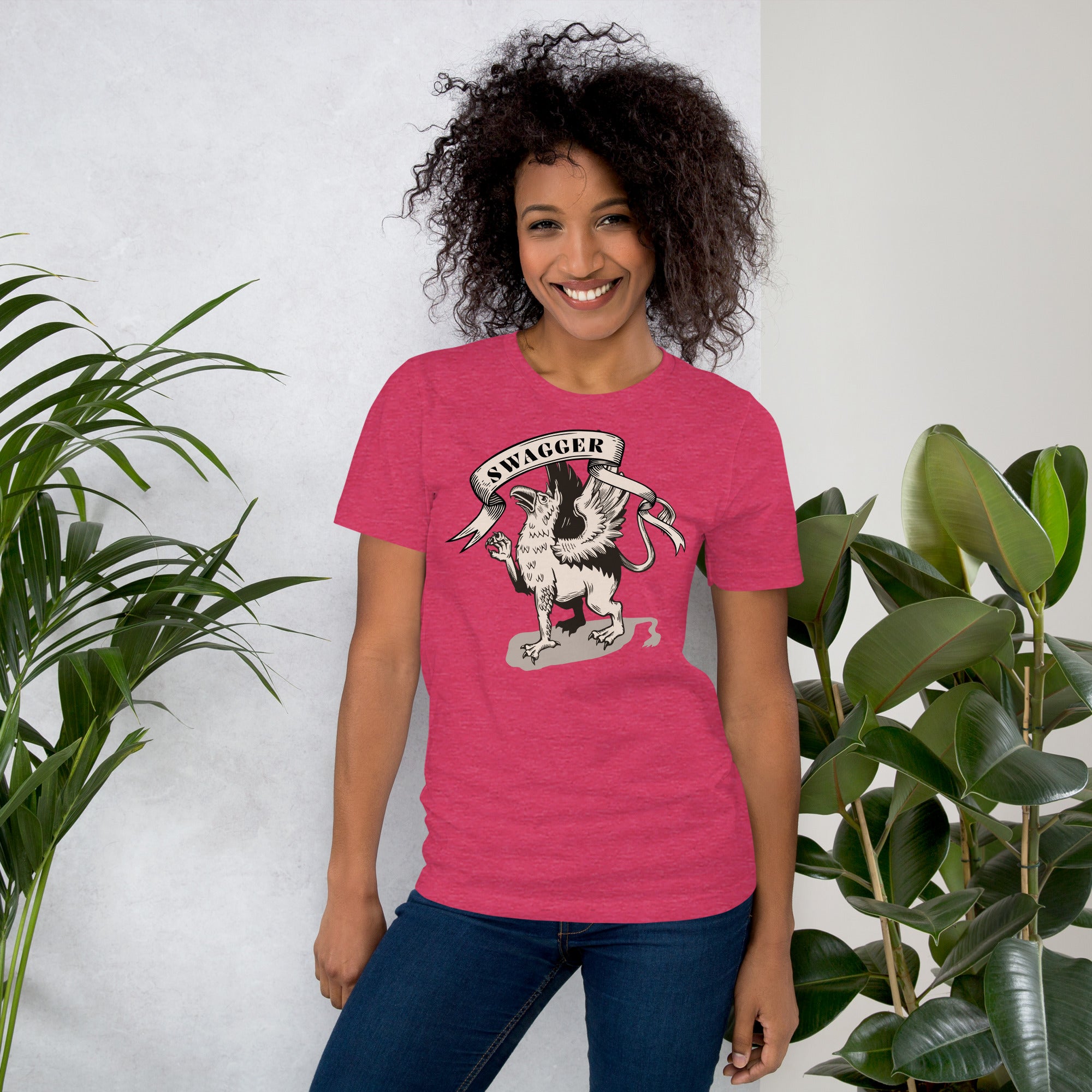 Rampant griffin in heraldic engraving style with Swagger banner ribbon, cream and black illustration, Artificial Perdition apparel
