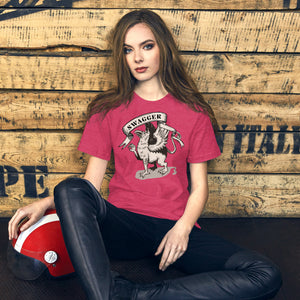 Rampant griffin in heraldic engraving style with Swagger banner ribbon, cream and black illustration, Artificial Perdition apparel
