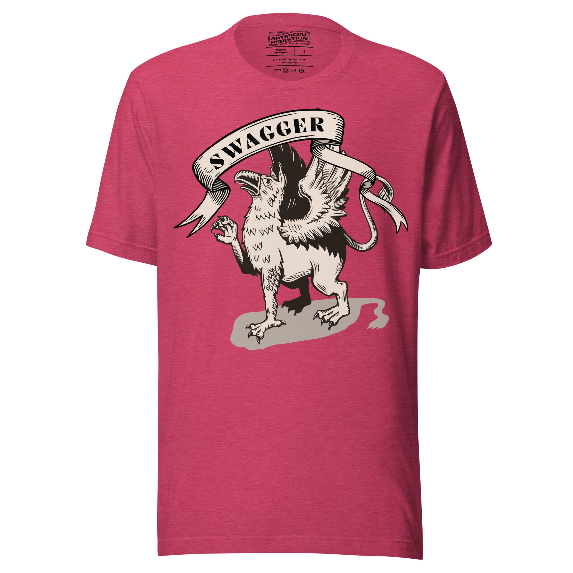 Rampant griffin in heraldic engraving style with Swagger banner ribbon, cream and black illustration, Artificial Perdition apparel
