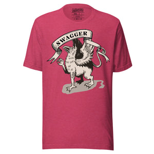 Rampant griffin in heraldic engraving style with Swagger banner ribbon, cream and black illustration, Artificial Perdition apparel
