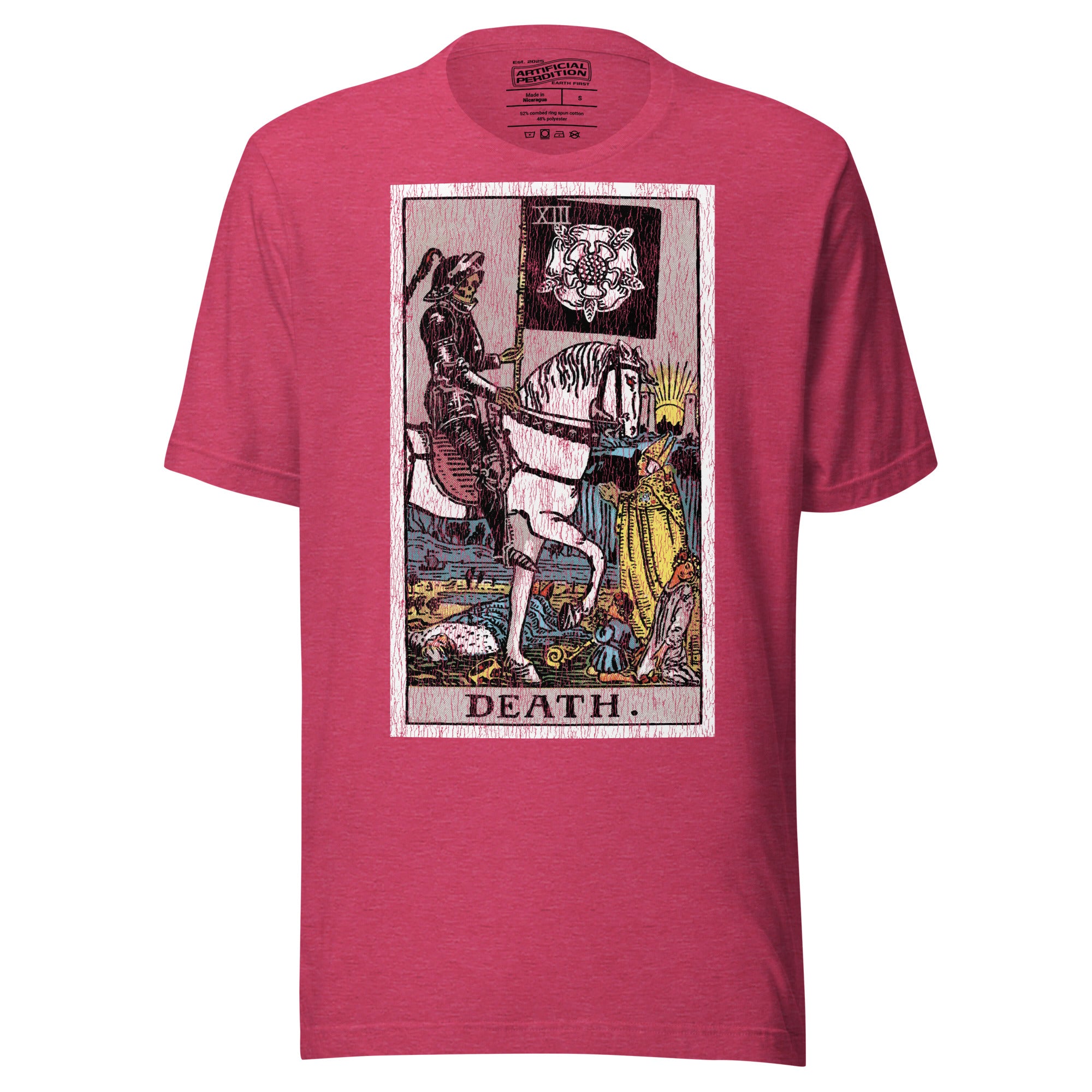 Death tarot card, skeletal horseman with black banner and white rose, figures fallen before him and sun rising on horizon, Rider-Waite style, Artificial Perdition