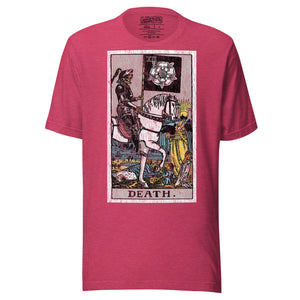Death tarot card, skeletal horseman with black banner and white rose, figures fallen before him and sun rising on horizon, Rider-Waite style, Artificial Perdition