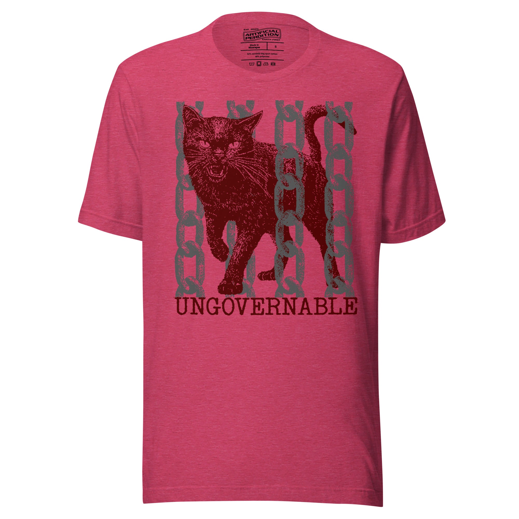Product mockupSnarling cat breaking through chains with UNGOVERNABLE text, dithered halftone red on cream, Artificial Perdition apparel