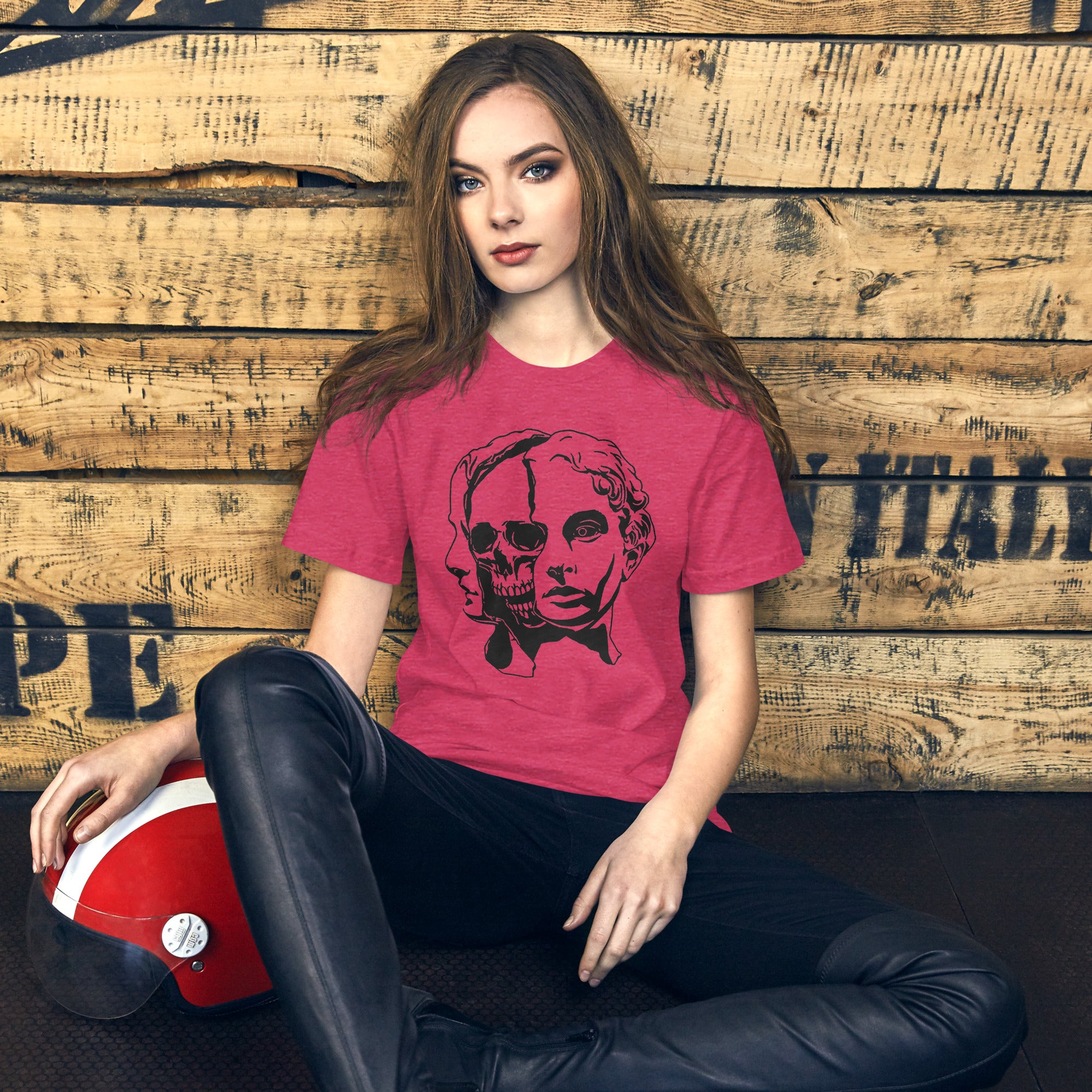 Split face illustration, half classical sculpture bust and half skull, black and white high contrast, Dead Inside, Artificial Perdition apparel