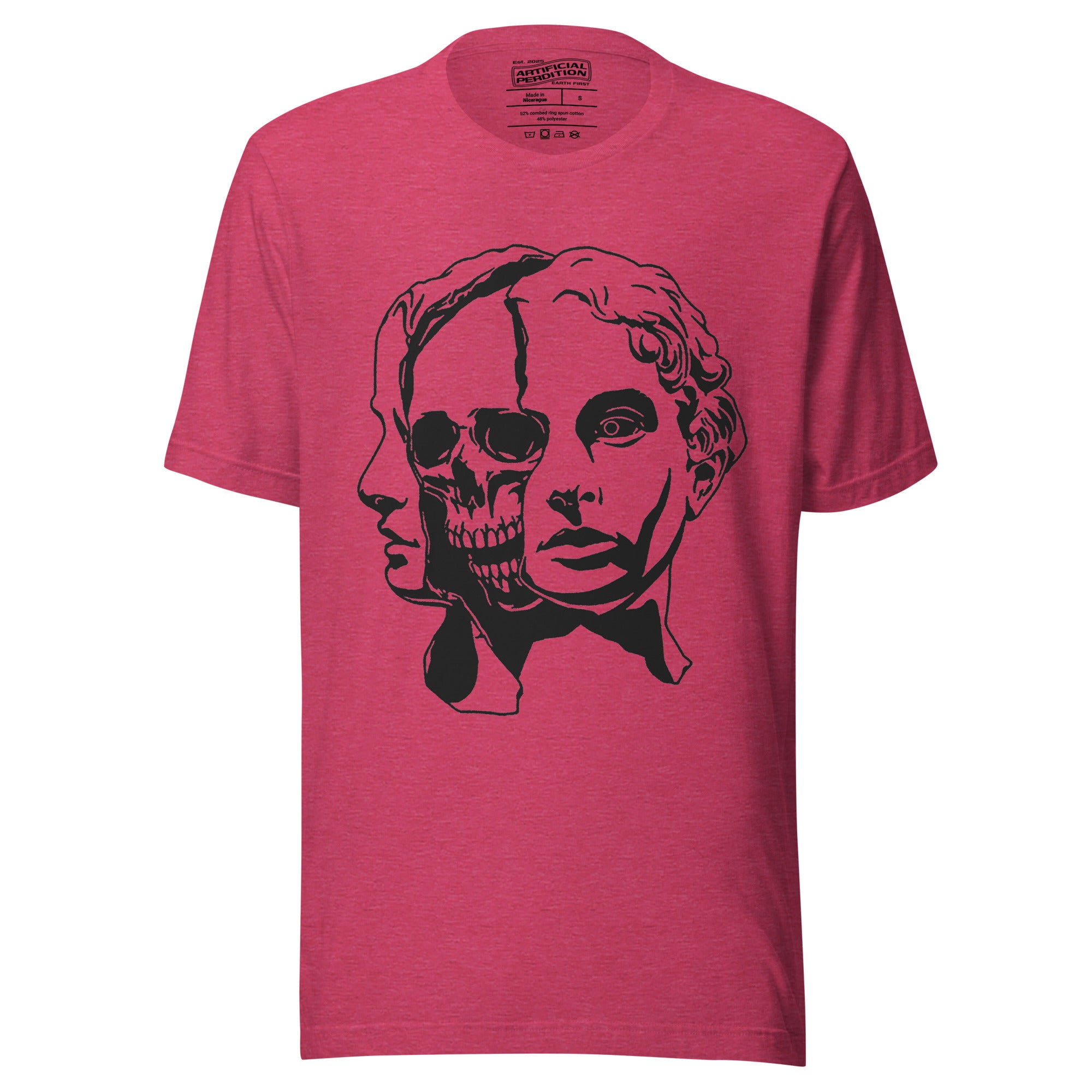 Split face illustration, half classical sculpture bust and half skull, black and white high contrast, Dead Inside, Artificial Perdition apparel
