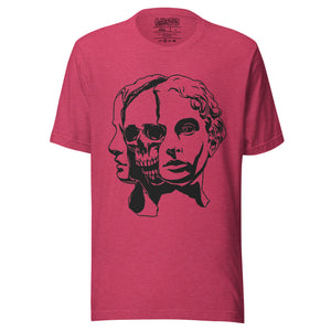 Split face illustration, half classical sculpture bust and half skull, black and white high contrast, Dead Inside, Artificial Perdition apparel