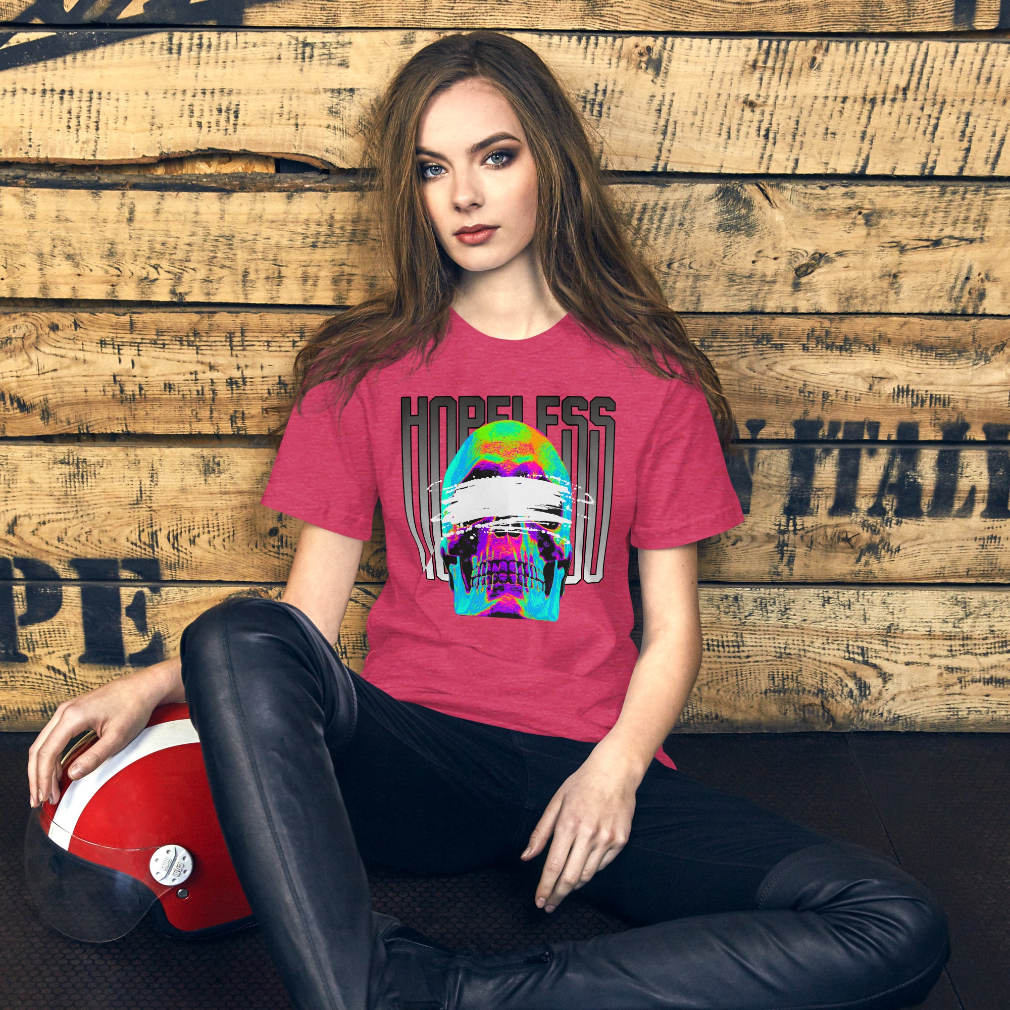 Blindfolded skull in thermal heat-map colors with bold chrome HOPELESS text, psychological horror design, Artificial Perdition apparel
