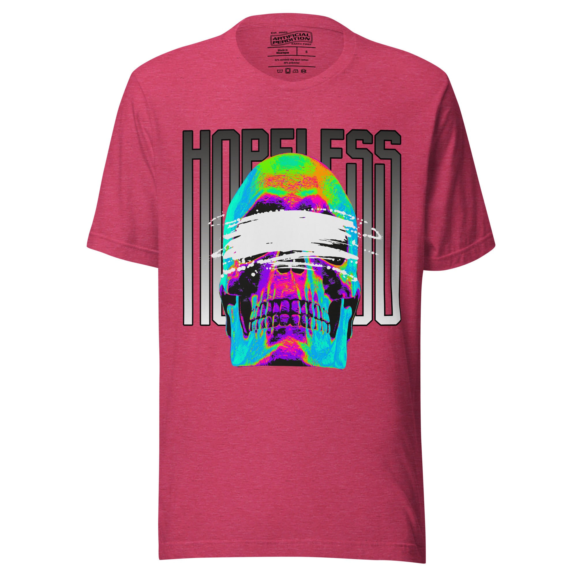 Blindfolded skull in thermal heat-map colors with bold chrome HOPELESS text, psychological horror design, Artificial Perdition apparel