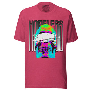 Blindfolded skull in thermal heat-map colors with bold chrome HOPELESS text, psychological horror design, Artificial Perdition apparel