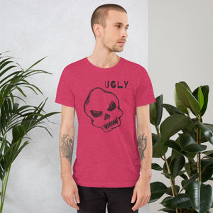 Crude hand-drawn skull with mismatched eye sockets and UGLY text in the upper corner, anti-polish graphic design, Artificial Perdition apparel