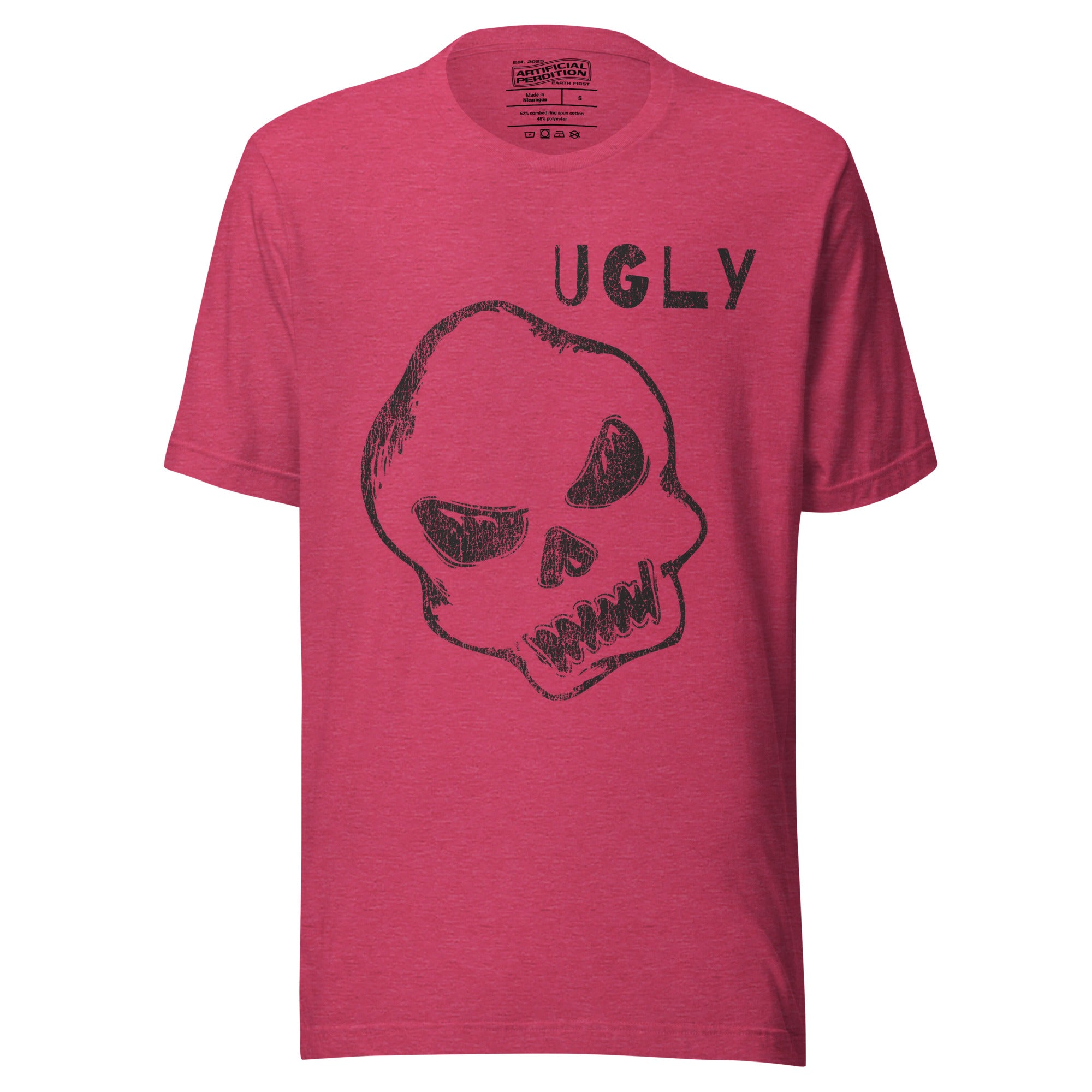 Crude hand-drawn skull with mismatched eye sockets and UGLY text in the upper corner, anti-polish graphic design, Artificial Perdition apparel