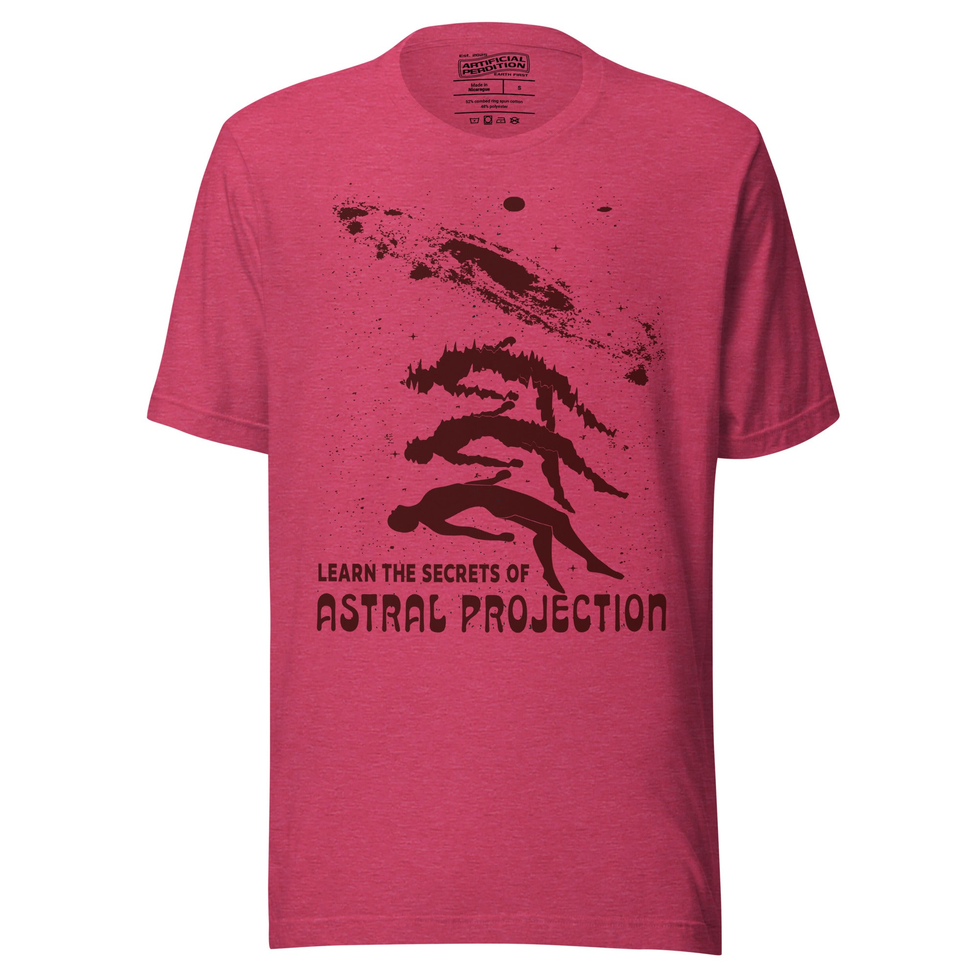 Three figures rising from a reclining body toward a spiral galaxy with Learn the Secrets of Astral Projection text, retro occult advertisement style, Artificial Perdition apparel