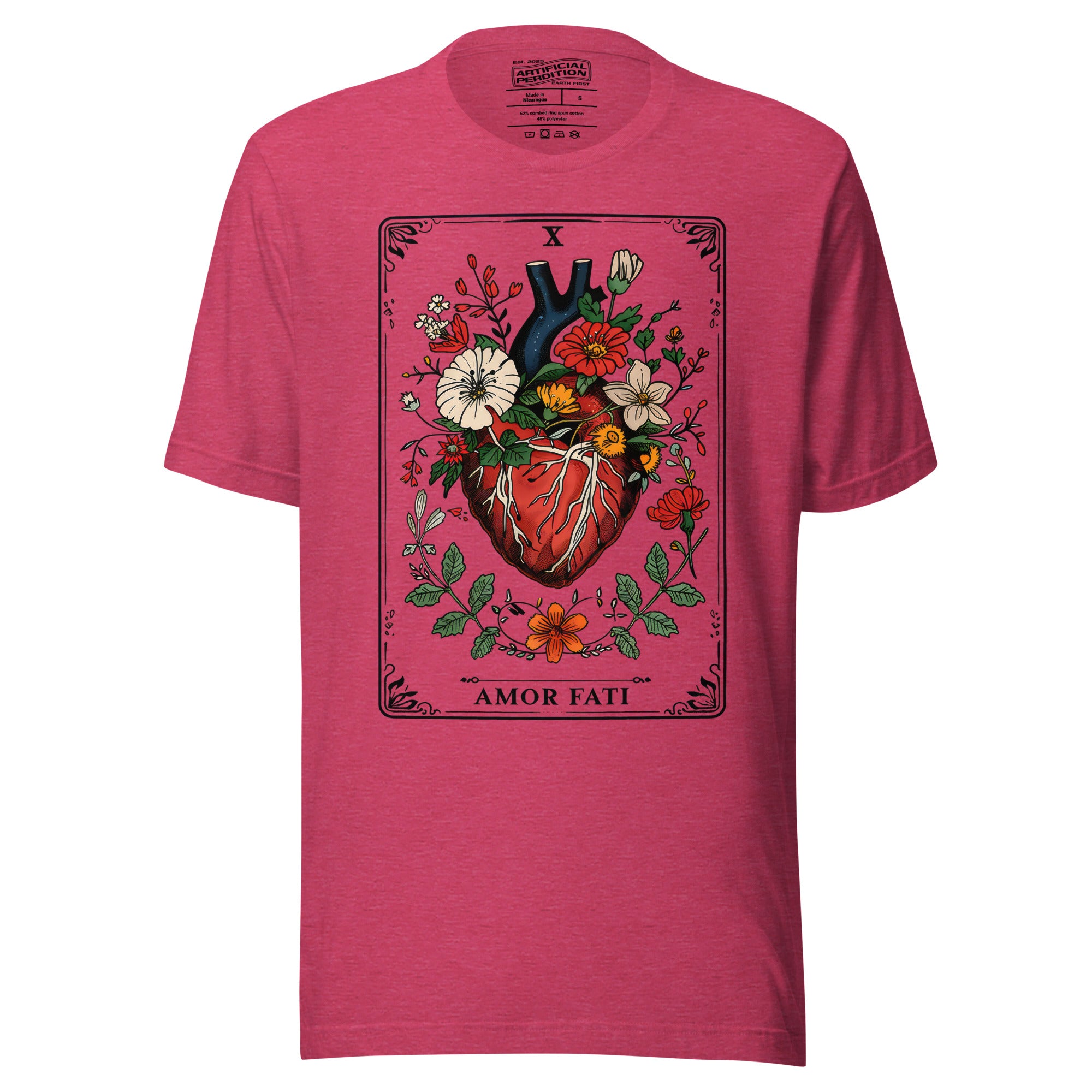 Tarot card illustration numbered X with an anatomical heart in bloom surrounded by wildflowers and vines, Amor Fati, Artificial Perdition apparel