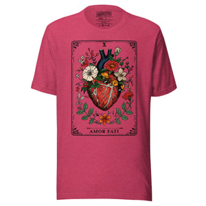 Tarot card illustration numbered X with an anatomical heart in bloom surrounded by wildflowers and vines, Amor Fati, Artificial Perdition apparel
