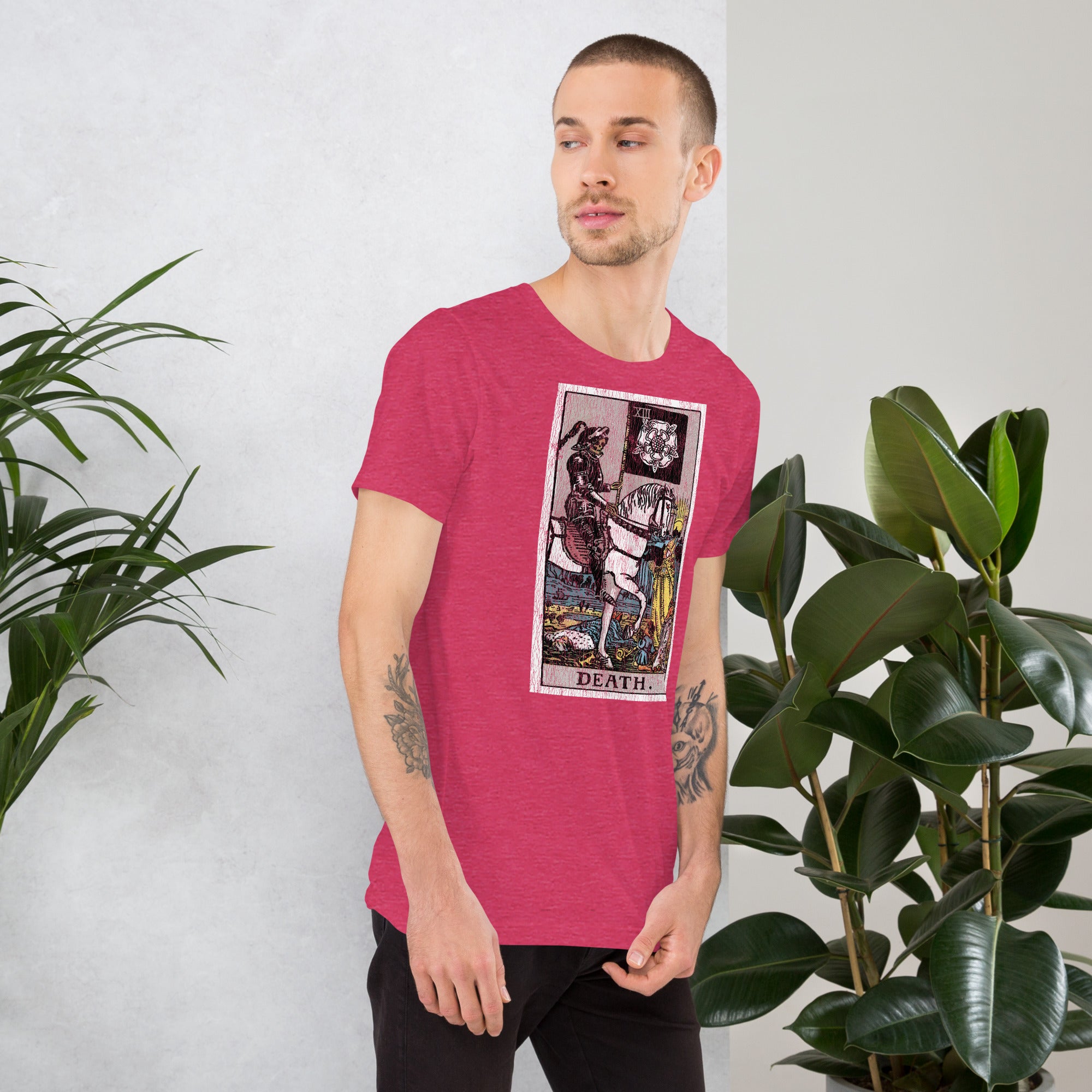 Death tarot card, skeletal horseman with black banner and white rose, figures fallen before him and sun rising on horizon, Rider-Waite style, Artificial Perdition