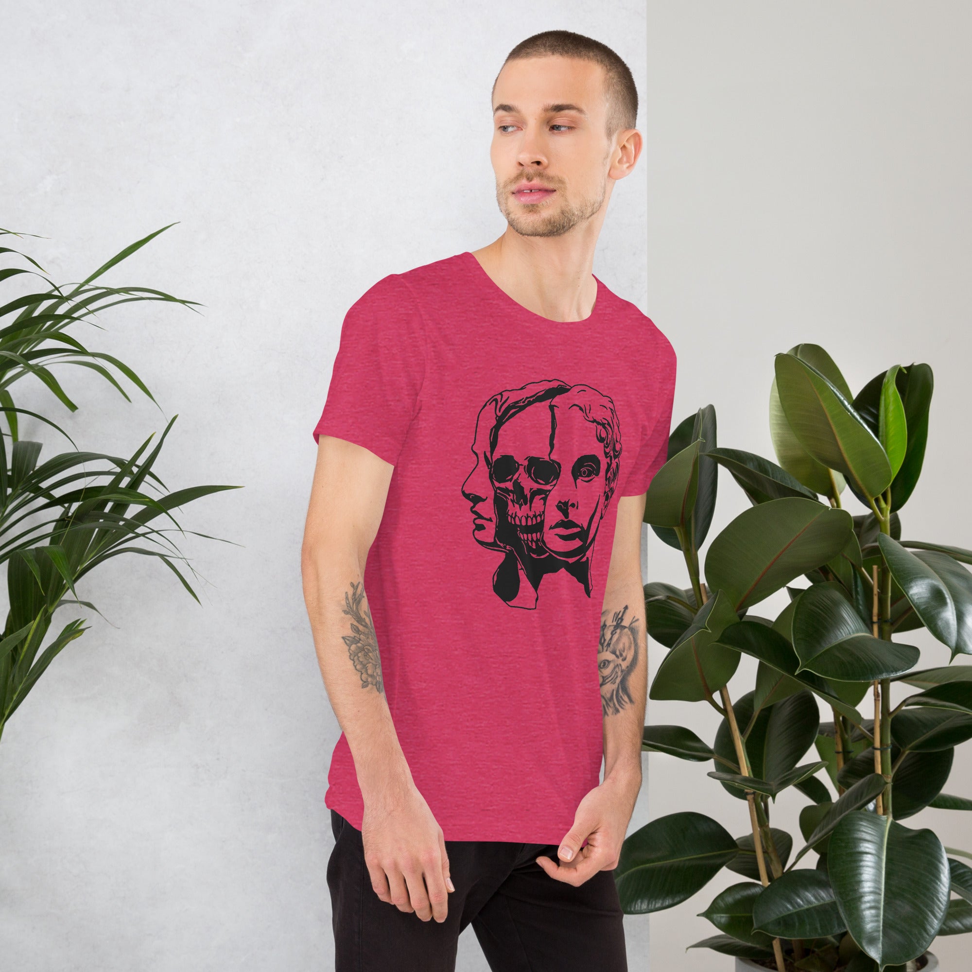 Split face illustration, half classical sculpture bust and half skull, black and white high contrast, Dead Inside, Artificial Perdition apparel