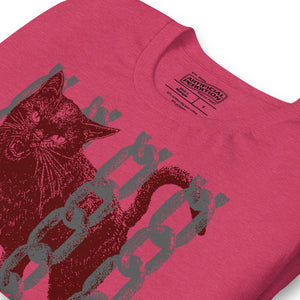 Snarling cat breaking through chains with UNGOVERNABLE text, dithered halftone red on cream, Artificial Perdition apparel