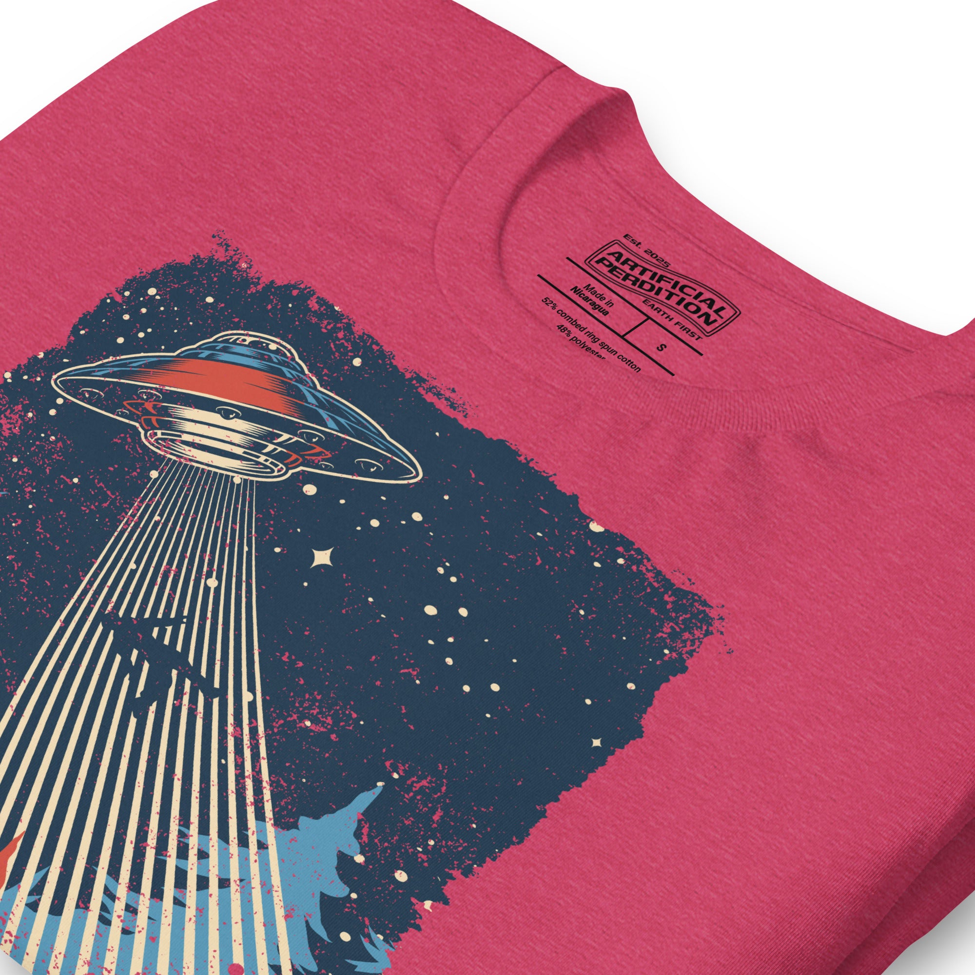 Retro poster style UFO beaming down into a midnight forest with I WANT TO LEAVE text, red and blue palette, Artificial Perdition apparel