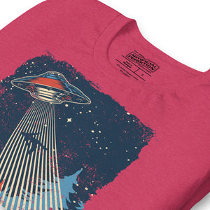 Retro poster style UFO beaming down into a midnight forest with I WANT TO LEAVE text, red and blue palette, Artificial Perdition apparel